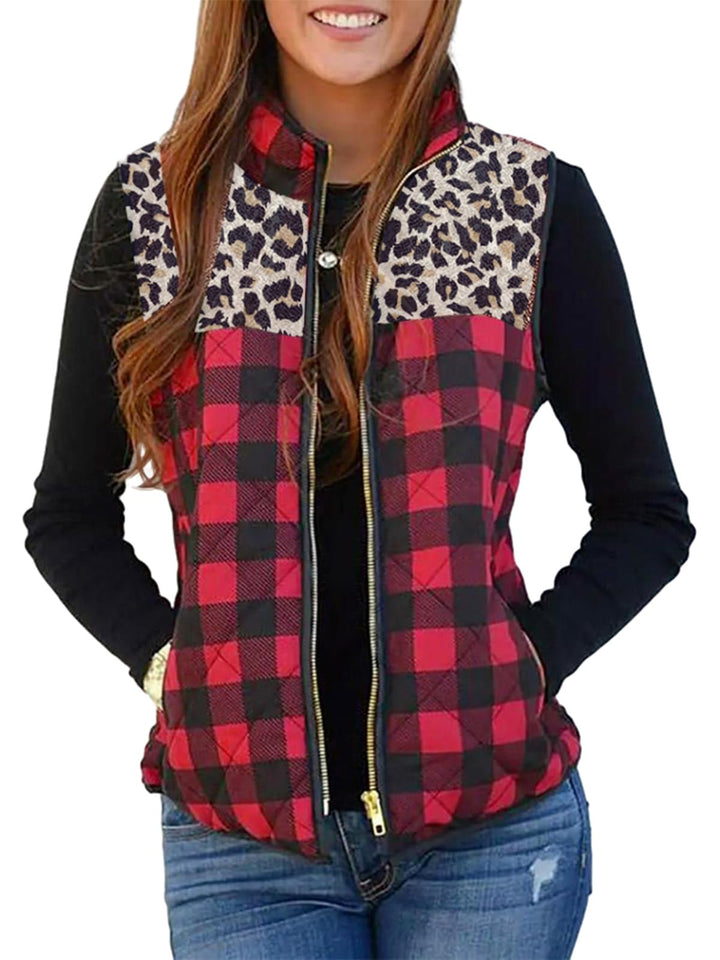 FAIRY SEASON Christmas Buffalo Plaid Vest For Women Leopard Sleeveless Cardigan Women Coat Zipper Jacket Gilet with Pockets Retail $49.00