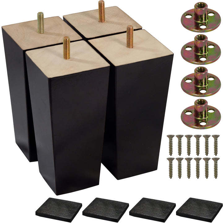 BARIEN 6" Square Mid-Century Modern Wood Furniture Legs - Set of 4, Dark Brown, Bolt-On, Up to 1800lbs Weight Capacity, Ideal for Couches, Armchairs, Sofas & More