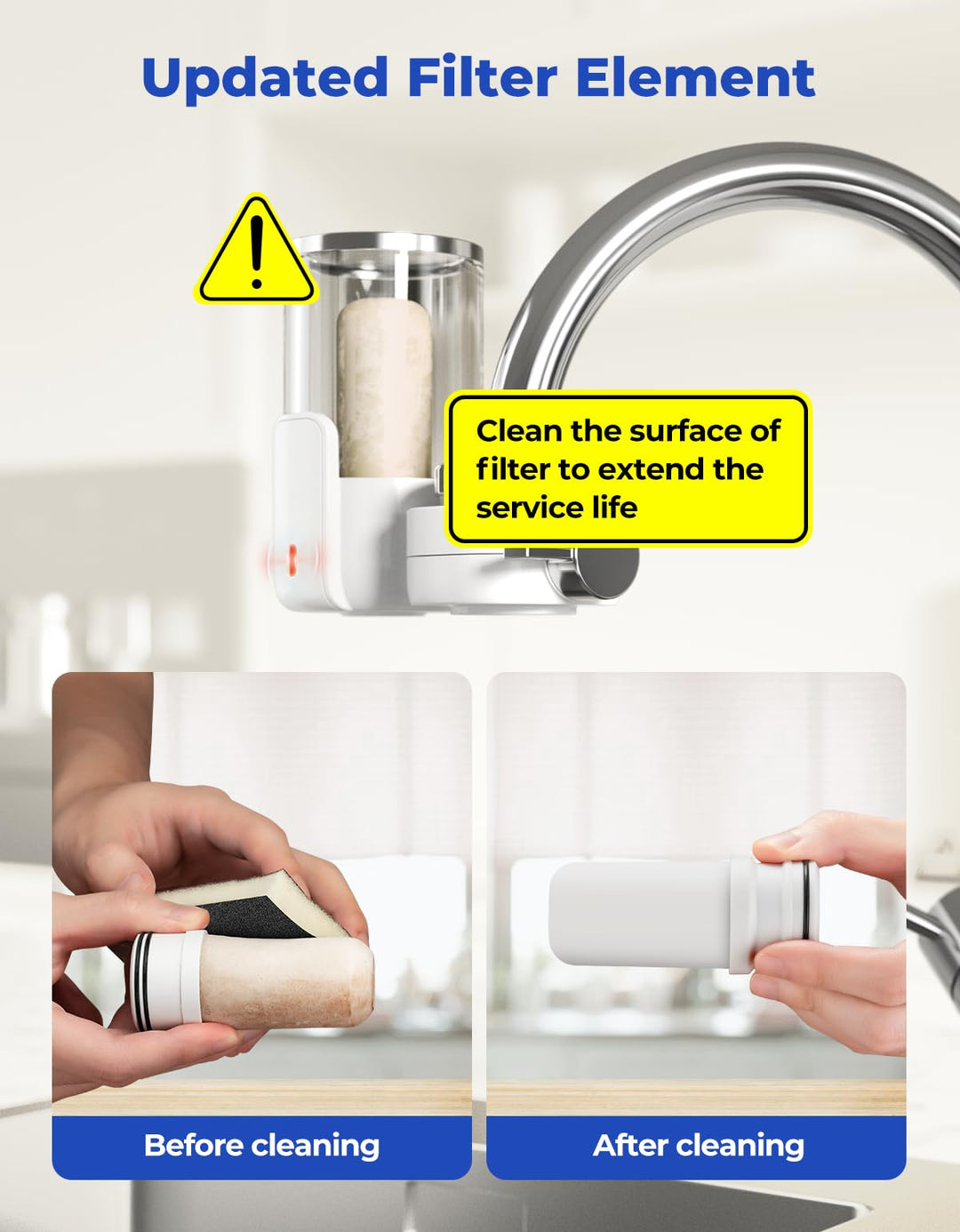 Reinmoson Faucet Water Filter for Sink Life Span Indicator & Transparent Shell, 400-Gallon Tap Water Filter System for Kitchen Sink, NSF Certified Reduces Lead Chlorine & Bad Taste