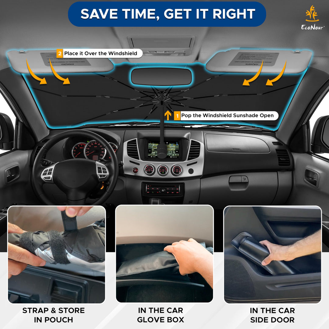 EcoNour Adjustable Car Windshield Umbrella Sun Shade | Foldable UV Protection Shade with 240T Polyester | Fits Various Windshield Angles