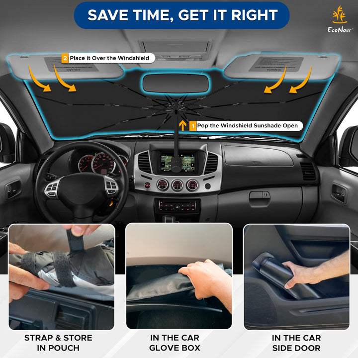 EcoNour Adjustable Car Windshield Umbrella Sun Shade | Foldable UV Protection Shade with 240T Polyester | Fits Various Windshield Angles