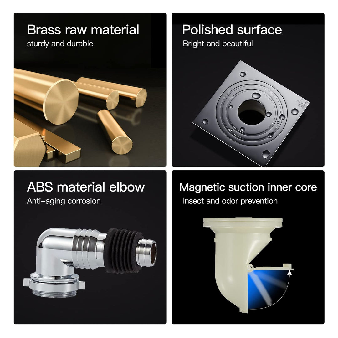 SUBMARINE 4-Inch Square Brass Sealed Floor Drain, Preventing Blockage, Odor and Water Reflux, Can Be Connected with Independent Drainage Equipment Such As Washing Machine Hoses.