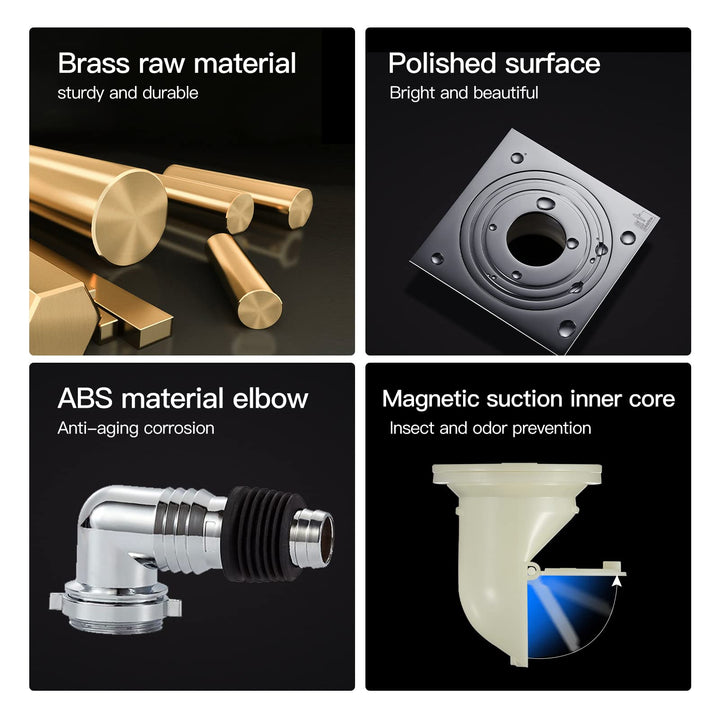 SUBMARINE 4-Inch Square Brass Sealed Floor Drain, Preventing Blockage, Odor and Water Reflux, Can Be Connected with Independent Drainage Equipment Such As Washing Machine Hoses.