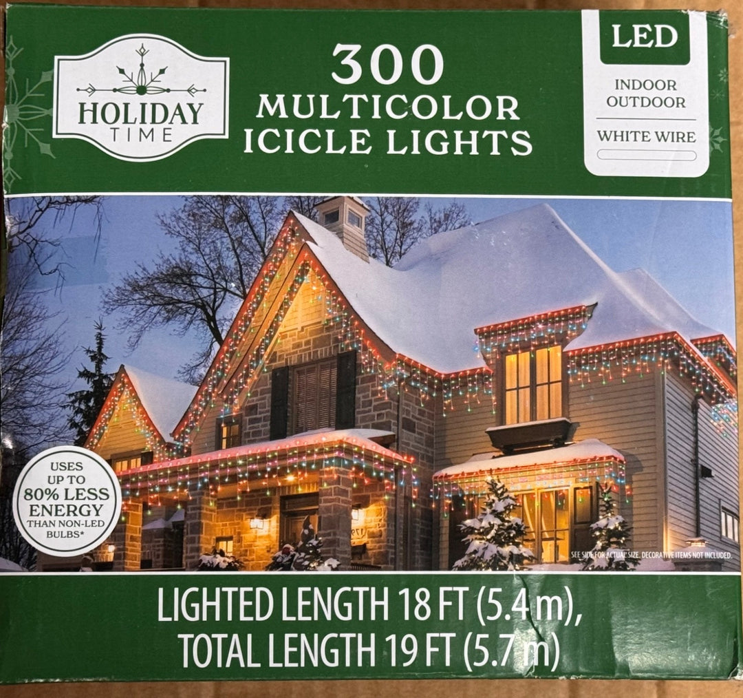 Holiday Time - 300 LED Multicolor Mini Icicle Lights White Wire 19 Ft Long TOTAL Retail $20.00