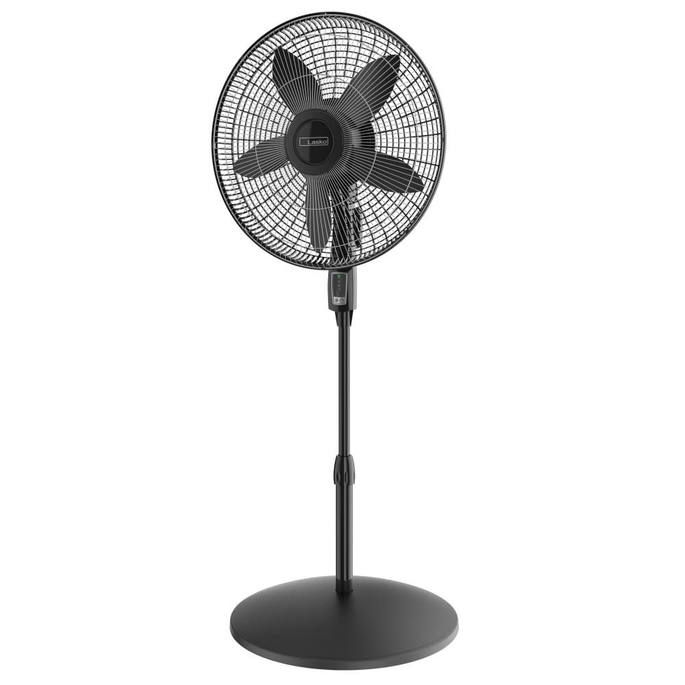 Lasko 18" Oscillating 4-Speed Large Room Pedestal Fan with Remote Control Adjustable Height Durable Metal Grill Great for Office, School and Home S18605, Black