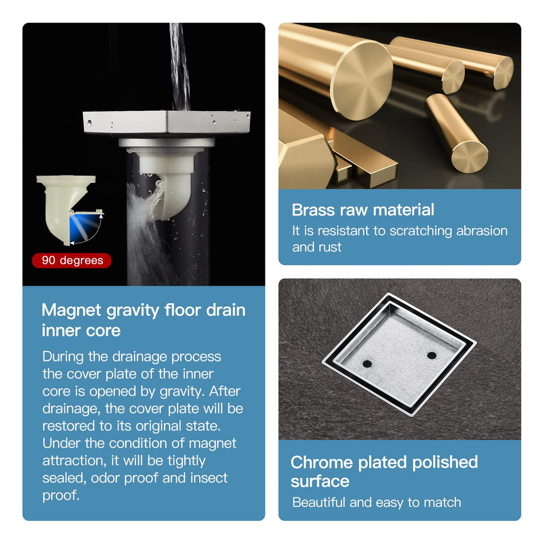 SUBMARINE Square Shower Drain 4 Inch, Shower Drain Cover Can be Embedded in Ceramic Tile, Built-in Hair Filter Screen and Floor Drain Backflow Preventer, Suitable for Bathroom and Kitchen