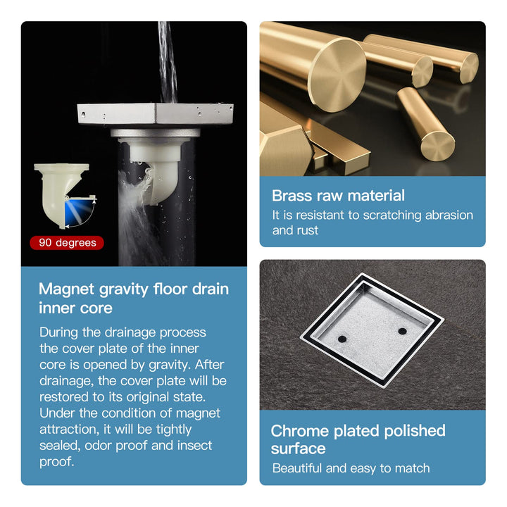 SUBMARINE Square Shower Drain 4 Inch, Shower Drain Cover Can be Embedded in Ceramic Tile, Built-in Hair Filter Screen and Floor Drain Backflow Preventer, Suitable for Bathroom and Kitchen