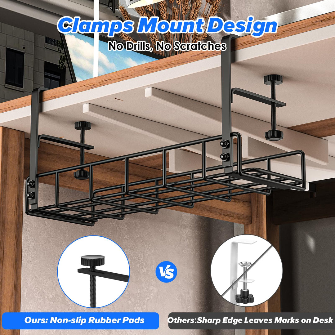 Under Desk Cable Management Tray -2 Pack, Upgraded Long Clamp, Inward Or Outward