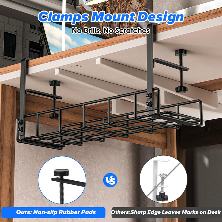 Under Desk Cable Management Tray -2 Pack, Upgraded Long Clamp, Inward Or Outward