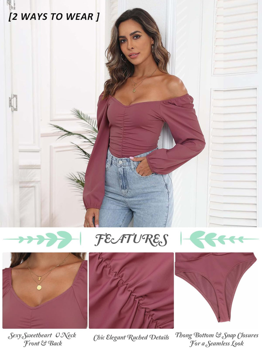 DEOLINA Womens Sexy Sweetheart Neck Bodysuit Tops Cute Long Sleeve Ruched Bodysuits Stretch Leotard (Brick Red,L)
