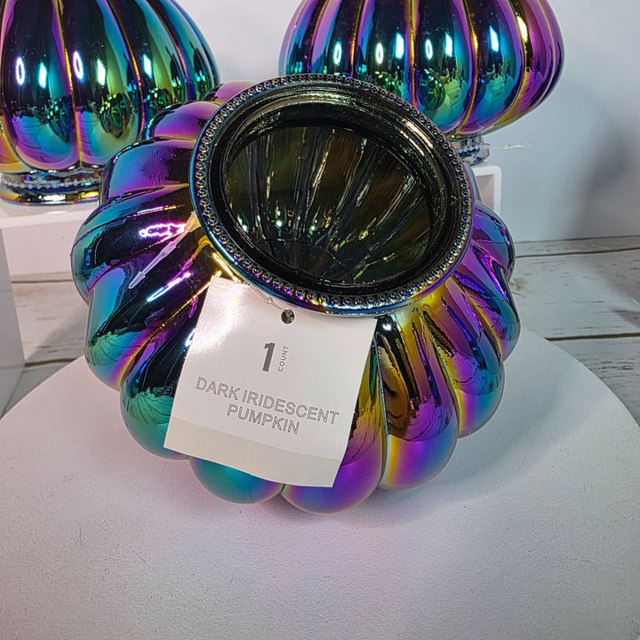 Set of 6 Dark Iridescent Glass Pumpkins & Gourds 5" Tall Decorative Accents