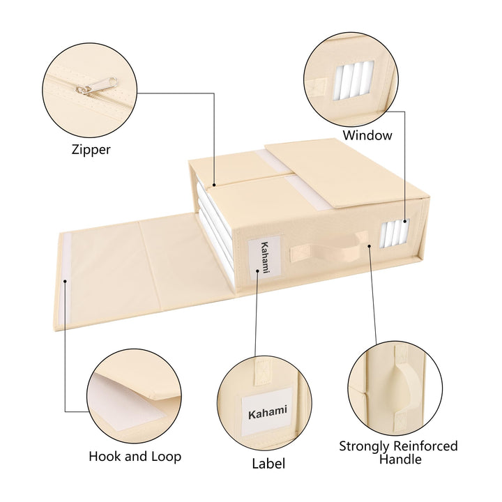 Kahami 4 Pack Bed Sheet Organizers and Storage, Foldable Sheet Organizer for Linen Closet, Bedding Sheet Set Organizer with Window (Queen & King Size), Beige