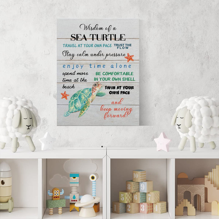 Inspirational Beach Canvas Wall Art Decor Wisdom of a Sea Turtle Poster Painting Framed Rustic Coastal Print Signs Picture for Home Room Decor 12 X 15 inch