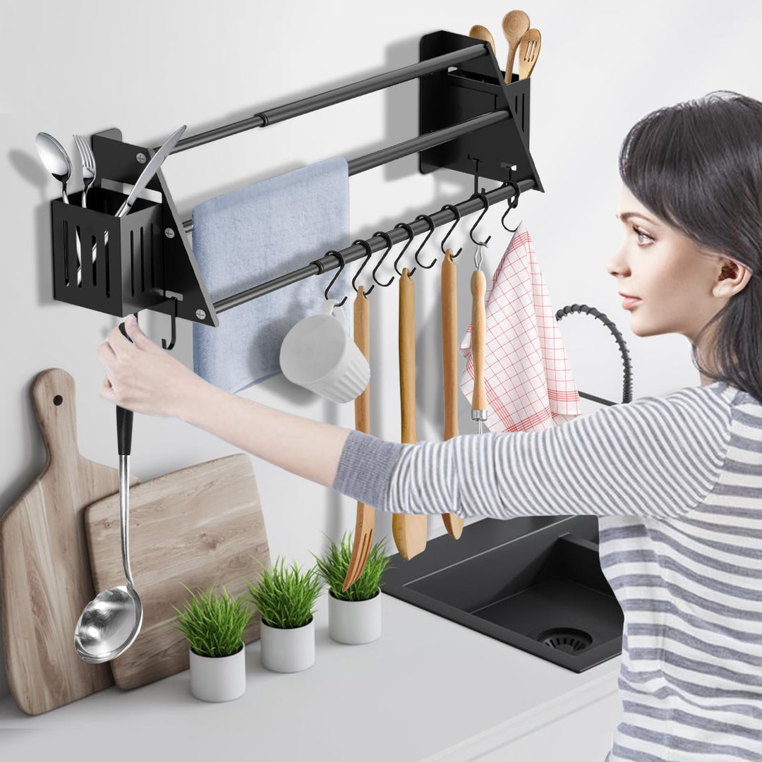 Towel Bars Freely Retractable 17-30 Inches Bathroom Towel Rack with Hooks and Storage Box,Matte Black 3-Tiers Ladder Towel Rails Free Hole Wall Mounted Adjustable,Multiple Towel Rack