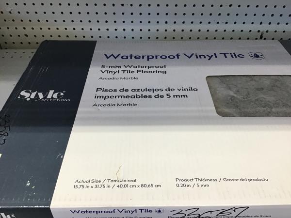 Style Selections Arcadia Marble Waterproof Vinyl Tile - 5mm Thick, Easy Lock Installation Retail $32.00