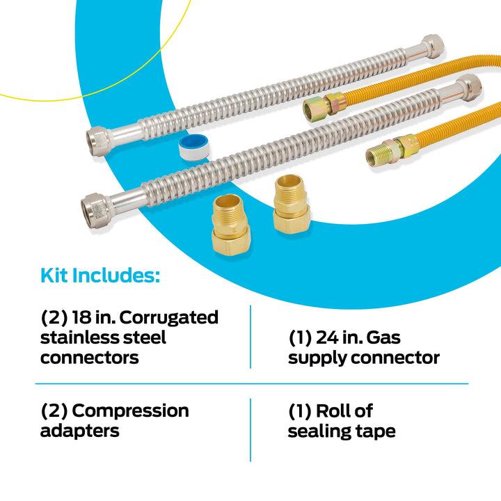 Eastman Gas Water Heater Installation Kit, 18 Inch Corrugated Stainless Steel Water Heater Hoses, 24 Inch Yellow Gas Supply Connector, 48280 Retail $72.23