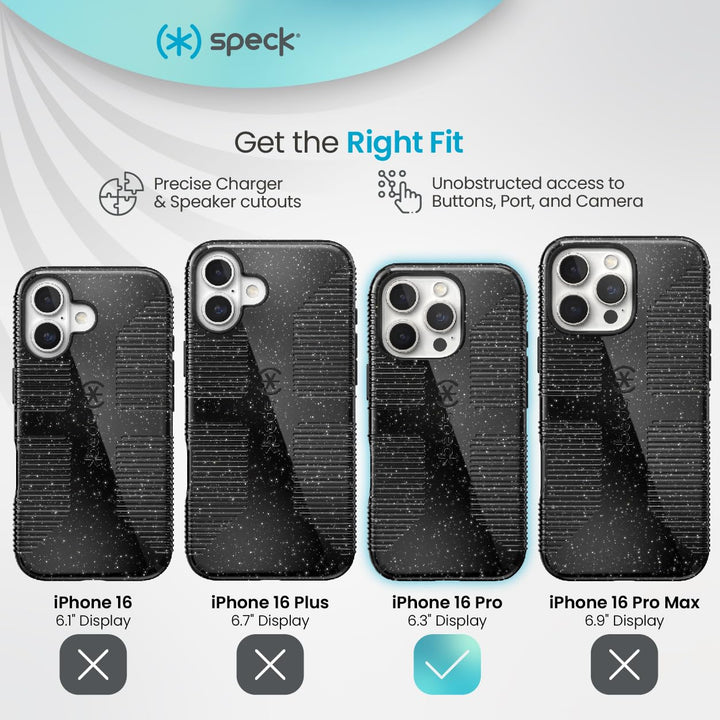 Speck CandyShell Grip Case iPhone 16 Pro - Slim MagSafe - Black Glitter/Steel Black Retail $39.95