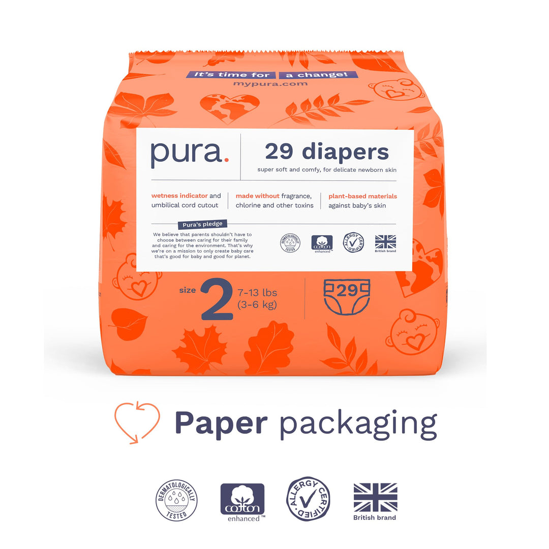 Pura Hypoallergenic Diapers, Size 2 (7-13 lbs) Totally Chlorine Free, Wetness Indicator, Suitable for Sensitive Skin, Soft Organic Cotton Comfort, Overnight, 1 Pack of 29 Baby Diapers