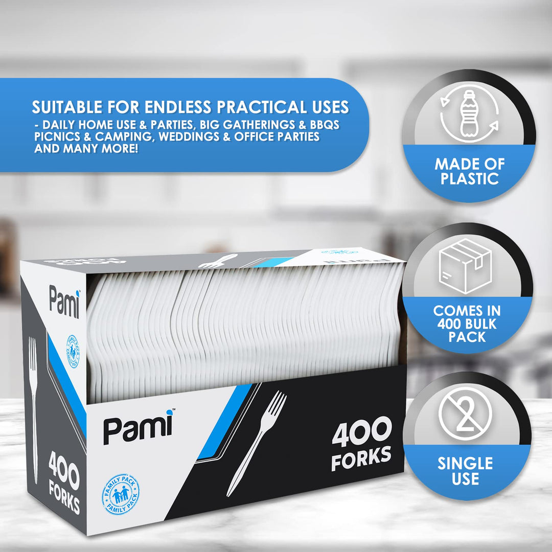 PAMI Medium-Weight Disposable Plastic Forks [400-Pack] - Bulk White Plastic Silverware For Parties, Weddings, Catering Food Stands, Takeaway Orders & More- Sturdy Single-Use Partyware Forks Retail $11.99