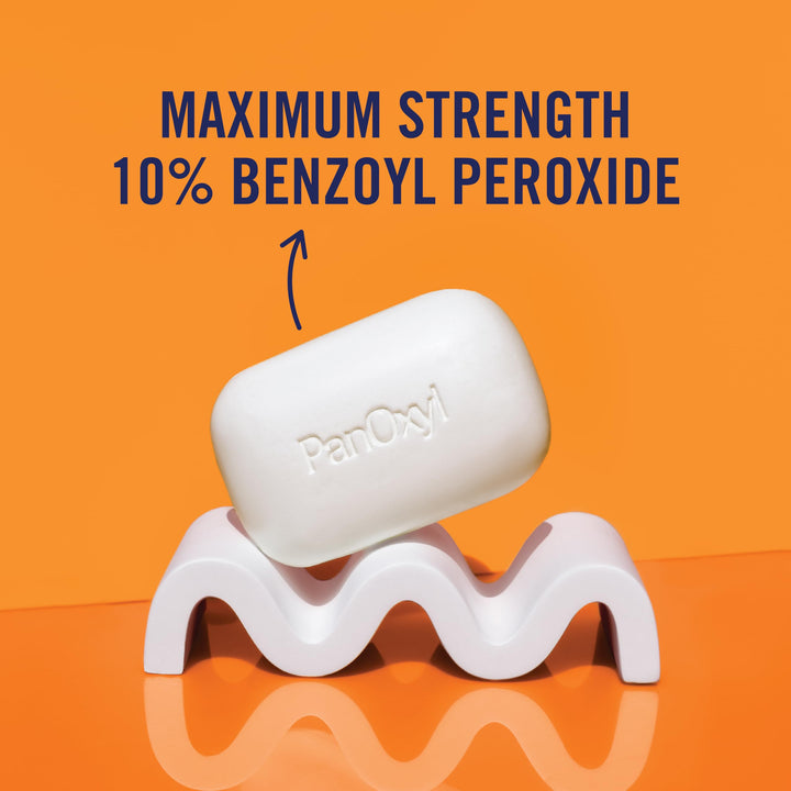 PanOxyl Acne Treatment Bar with 10% Benzoyl Peroxide, Maximum Strength Acne Bar for Face, Chest, and Back, Soap-Free Body Wash, Treats Acne Pimples, Whiteheads, Blackheads, pH Balanced, Vegan, 4 oz