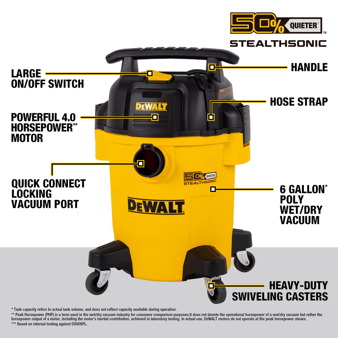 DEWALT 6 Gallon STEALTHSONIC Shop Vacuum Wet and Dry DXV06PL-QT, Ultra Quiet 4 Peak HP Wet Dry Vac for Jobsite & Workshop Retail $159.97