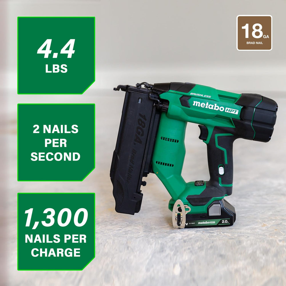 Metabo HPT 18V MultiVolt Brushless Compact Cordless Brad Nailer Kit, 18 Gauge Nailer with Power Tool 2.0Ah Lithium Ion Battery, Drives 5/8" to 2" Brad Nails, NT1850DFT Retail $349.00