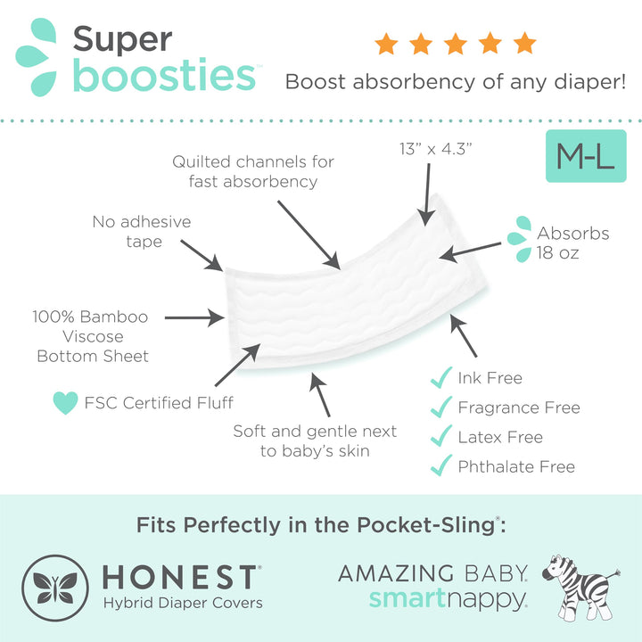 Overnight Diaper Leak Stopper, Super Boosties Disposable Inserts, Use with Pampers Sizes 4-6, Honest Hybrid Diaper Cover Sz Medium/Large, Amazing Baby Cover Sz 3/4, 4.3x13 in, 30 Count