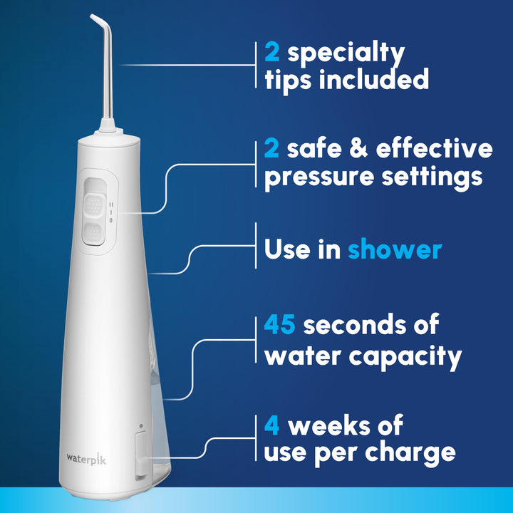 Waterpik Cordless Pulse Rechargeable Portable Water Flosser for Teeth, Gums, Braces Care and Travel with 2 Flossing Tips, Waterproof for Shower Use, ADA Accepted, WF-20 White, Packaging May Vary