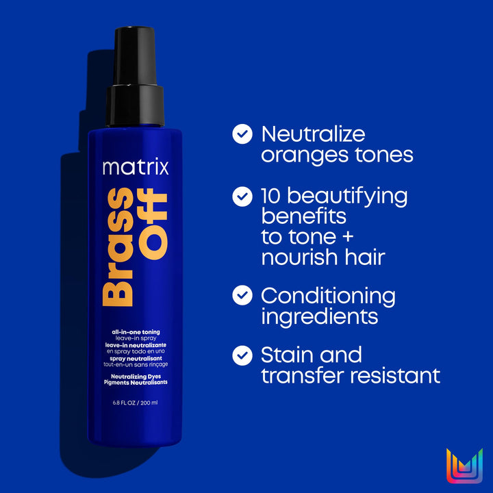 Matrix Brass Off All-In-One Toning Leave-In Spray - Nourishes and Neutralizes Brassy & Orange Tones With Frizz Control, For Color-Treated Hair, 6.8 Fl Oz