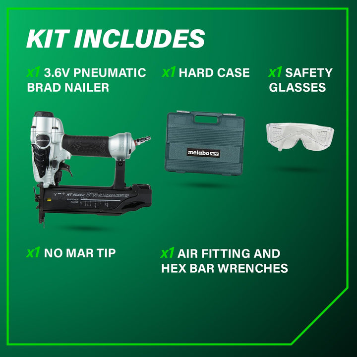 Metabo HPT Brad Nailer, Pro-Preferred Lightweight Pneumatic Power Nailer for Precision Trim Work and Furniture Building, Adjustable Depth, 18 Gauge, 5/8" up to 2" Brad Nails, NT50AE2 Retail $119.00