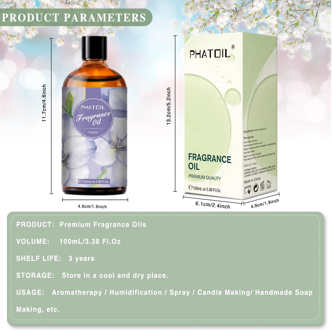 PHATOIL 3.38FL.OZ Freesia Fragrance Oils for Aromatherapy, Essential Oils for Diffusers for Home, Perfect for Diffuser, DIY Candle and Soap Making, DIY Scented Products - 100ml Retail $29.99