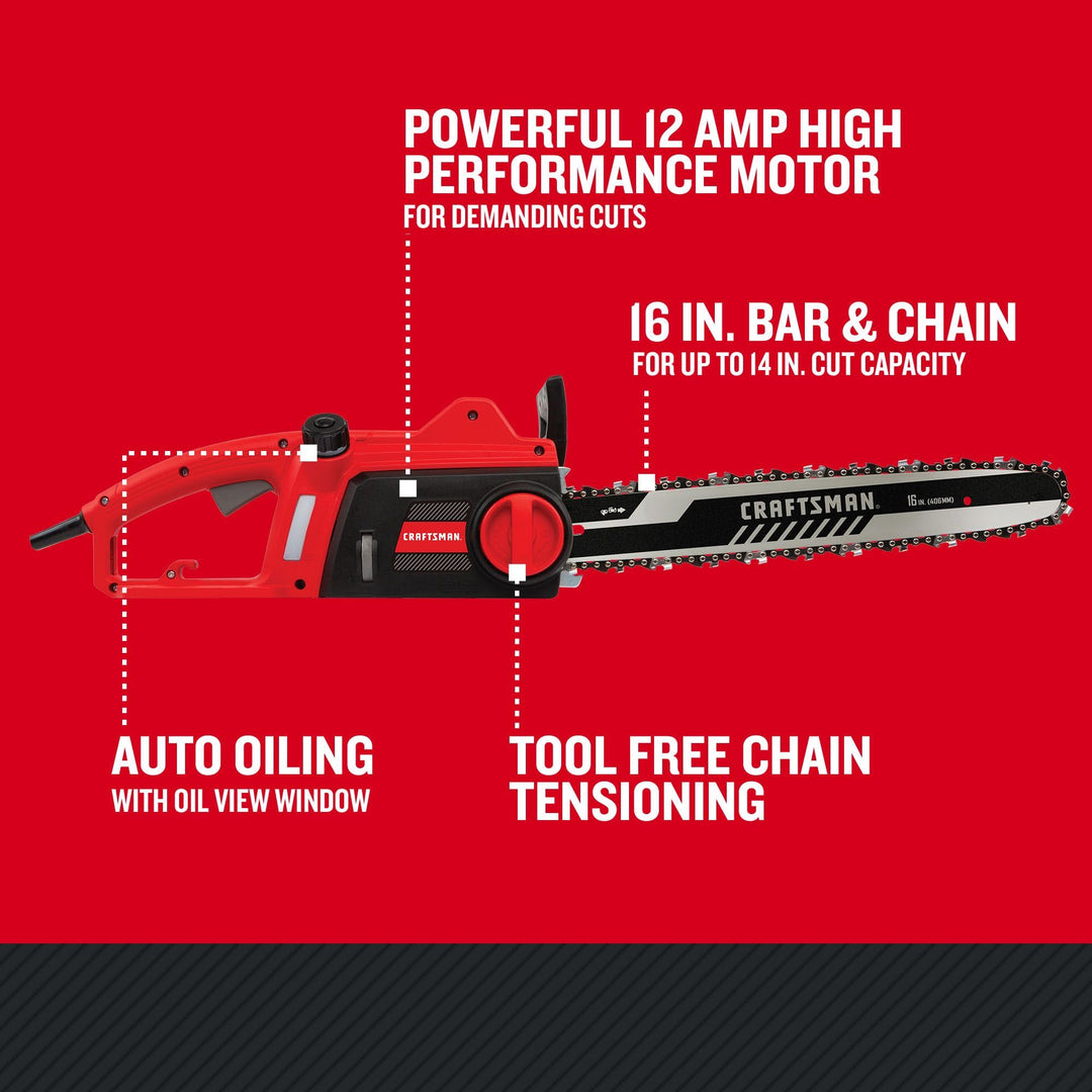 CRAFTSMAN Electric Chainsaw, 16 Inch, 12 Amp Corded Chain Saw Electric, Ergonomic, Powerful Motor (CMECS600) Retail $99.00