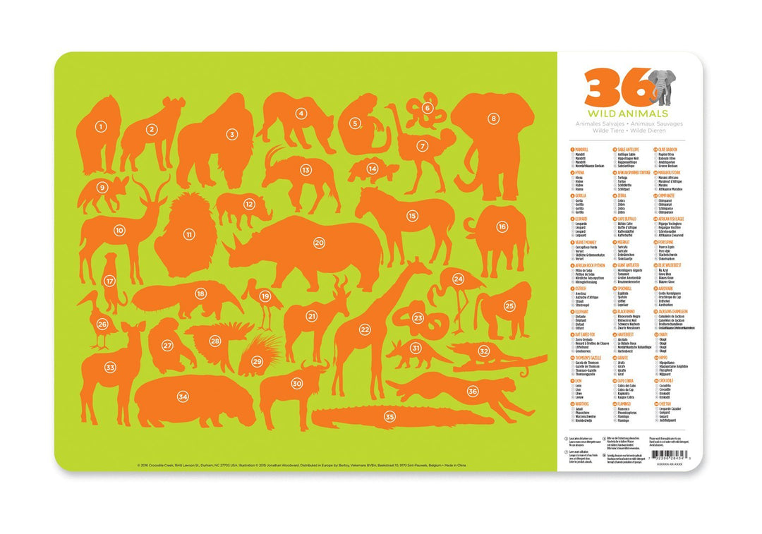 Crocodile Creek 2843-4 36 Animals/Wild Animals 2-Sided Placemat Children's Placemat, Tan, Green, Orange, Brown, Pink Retail $5.00