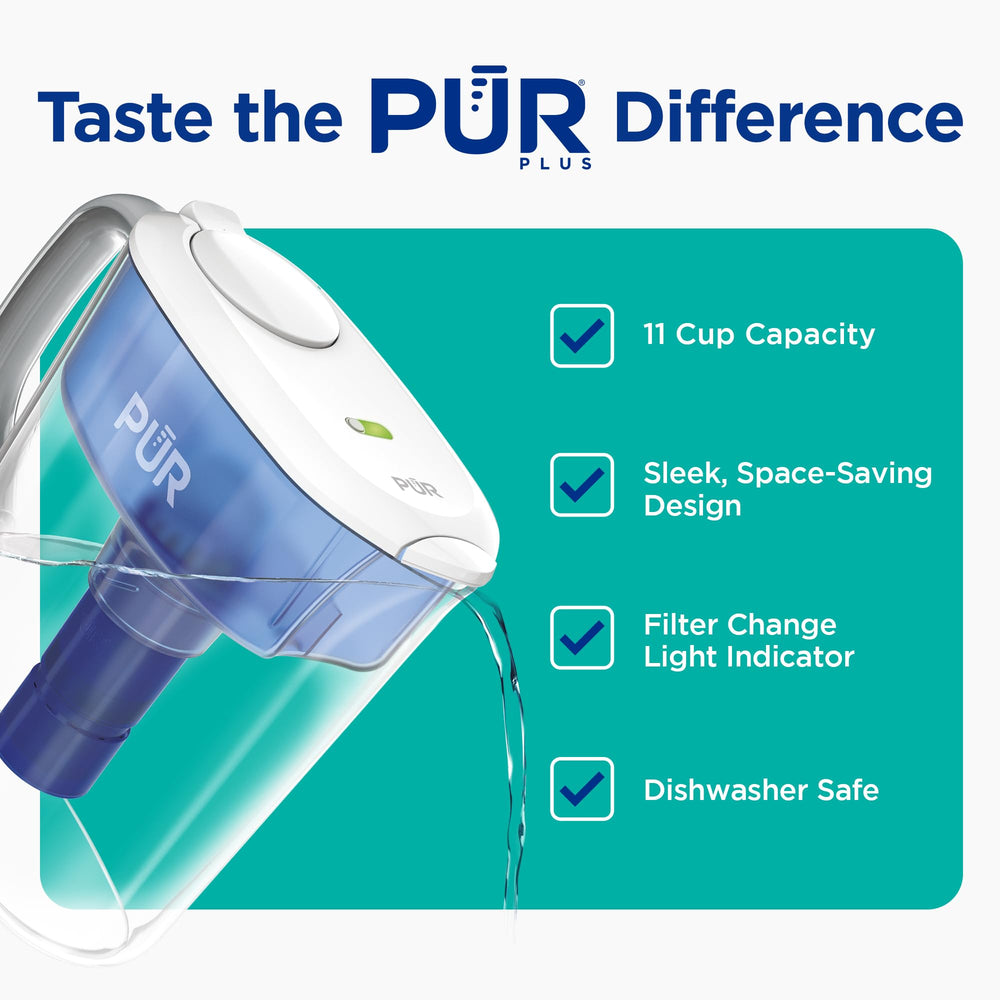 PUR Plus 11-Cup Water Pitcher, 1 Lead-Reducing Filter, Cleaner, Great-tasting Water, Dishwasher Safe, Powerful Filtration, Filter Change Light Indicator, LockFit Cap Design - White Retail $39.99