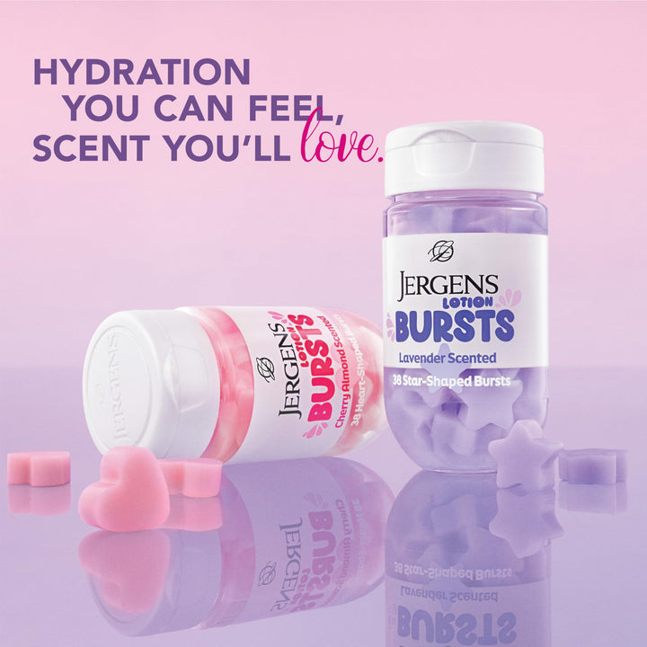 Jergens Cherry Almond Lotion Bursts, Squishy Heart-Shaped Moisturizer Bursts, Gifts for Teen Girls or Boys, 38 Ct