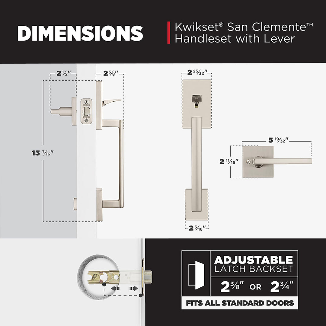 Kwikset San Clemente Front Door Handle No Lock, Entry Handleset Exterior with Interior Reversible Handed Lever, Non-Locking, Satin Nickel, Deadbolt Not Included, with Microban Protection Retail $120.00