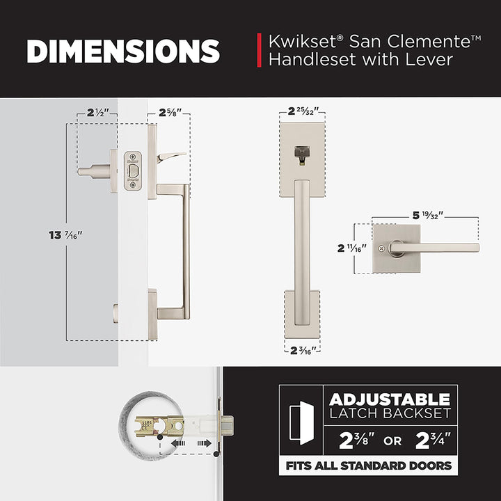 Kwikset San Clemente Front Door Handle No Lock, Entry Handleset Exterior with Interior Reversible Handed Lever, Non-Locking, Satin Nickel, Deadbolt Not Included, with Microban Protection Retail $120.00