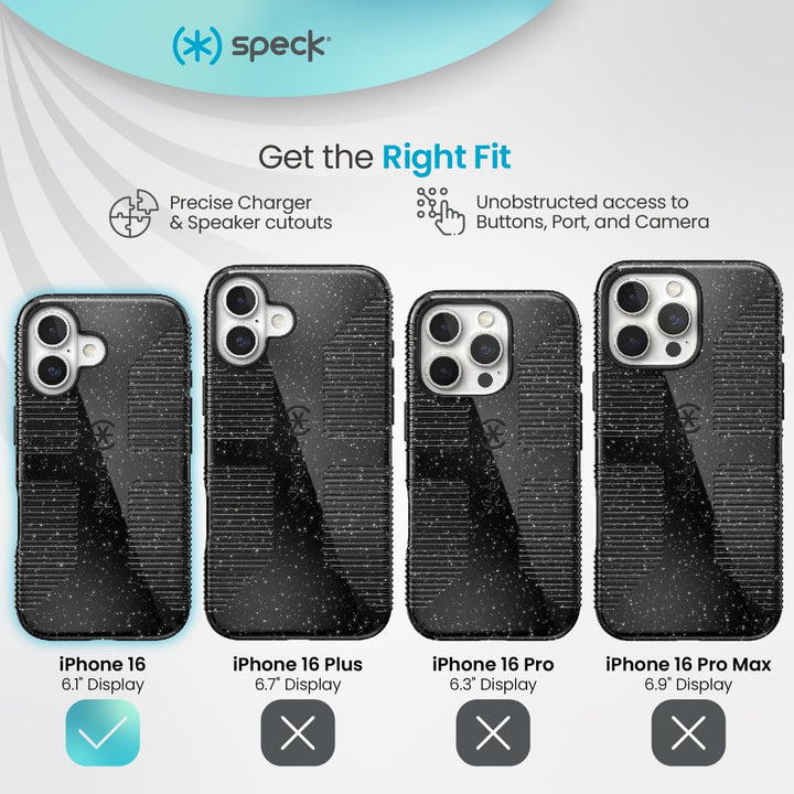 Speck CandyShell Grip iPhone 16 Case - Slim MagSafe - Black Glitter/Steel Black Retail $39.95