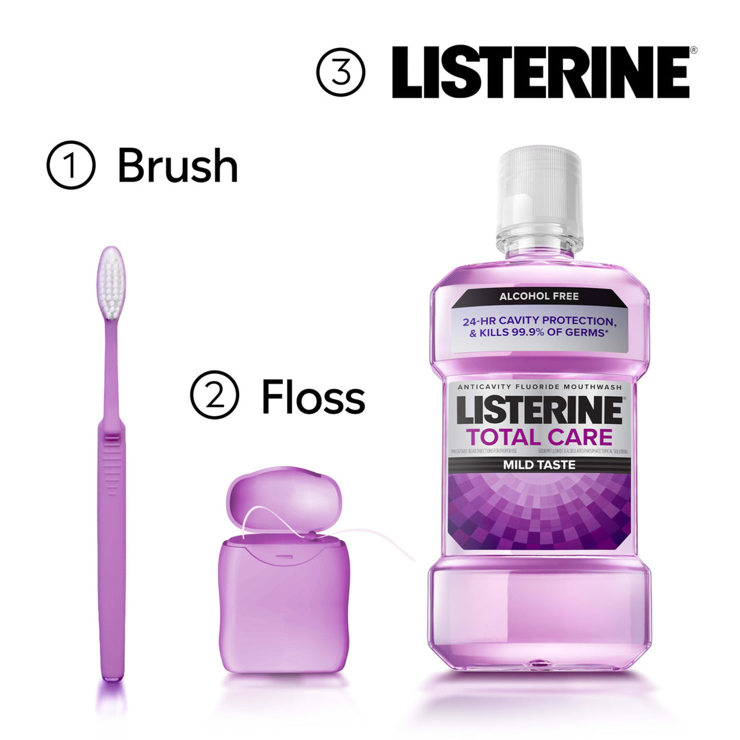Listerine Total Care Alcohol-Free Anticavity Fluoride Mouthwash, 6 Benefit Oral Rinse to Help Kill 99.9% of Germs That Cause Bad Breath, Strengthen Enamel, Fresh Mint Flavor, 1 L