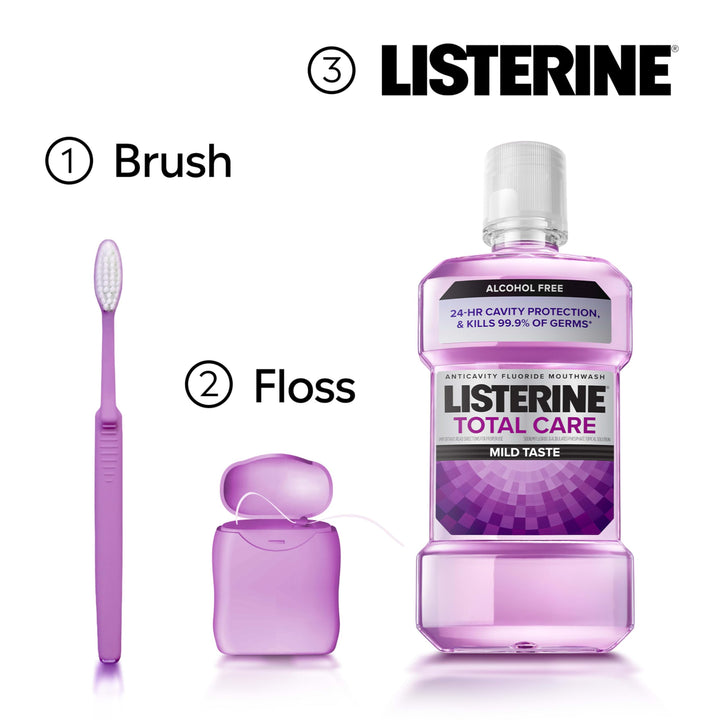 Listerine Total Care Alcohol-Free Anticavity Fluoride Mouthwash, 6 Benefit Oral Rinse to Help Kill 99.9% of Germs That Cause Bad Breath, Strengthen Enamel, Fresh Mint Flavor, 1 L