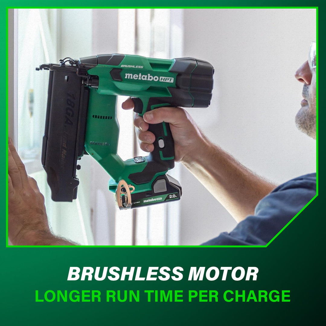 Metabo HPT 18V MultiVolt Brushless Compact Cordless Brad Nailer Kit, 18 Gauge Nailer with Power Tool 2.0Ah Lithium Ion Battery, Drives 5/8" to 2" Brad Nails, NT1850DFT Retail $349.00