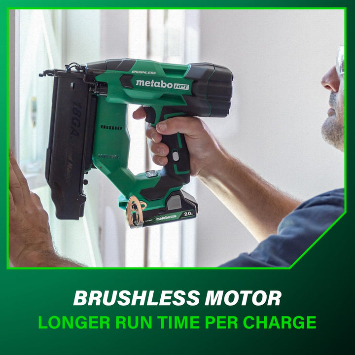 Metabo HPT 18V MultiVolt Brushless Compact Cordless Brad Nailer Kit, 18 Gauge Nailer with Power Tool 2.0Ah Lithium Ion Battery, Drives 5/8" to 2" Brad Nails, NT1850DFT Retail $349.00