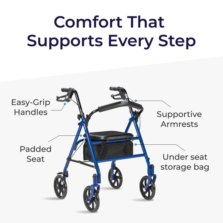 Drive Medical Rollator Walker with Seat - Stable Mobility Support - Height Adjustable - Durable Steel Frame Construction - Smooth 7.5" Wheels - Foldable - 350 Lb Limit - Blue Retail $53.99