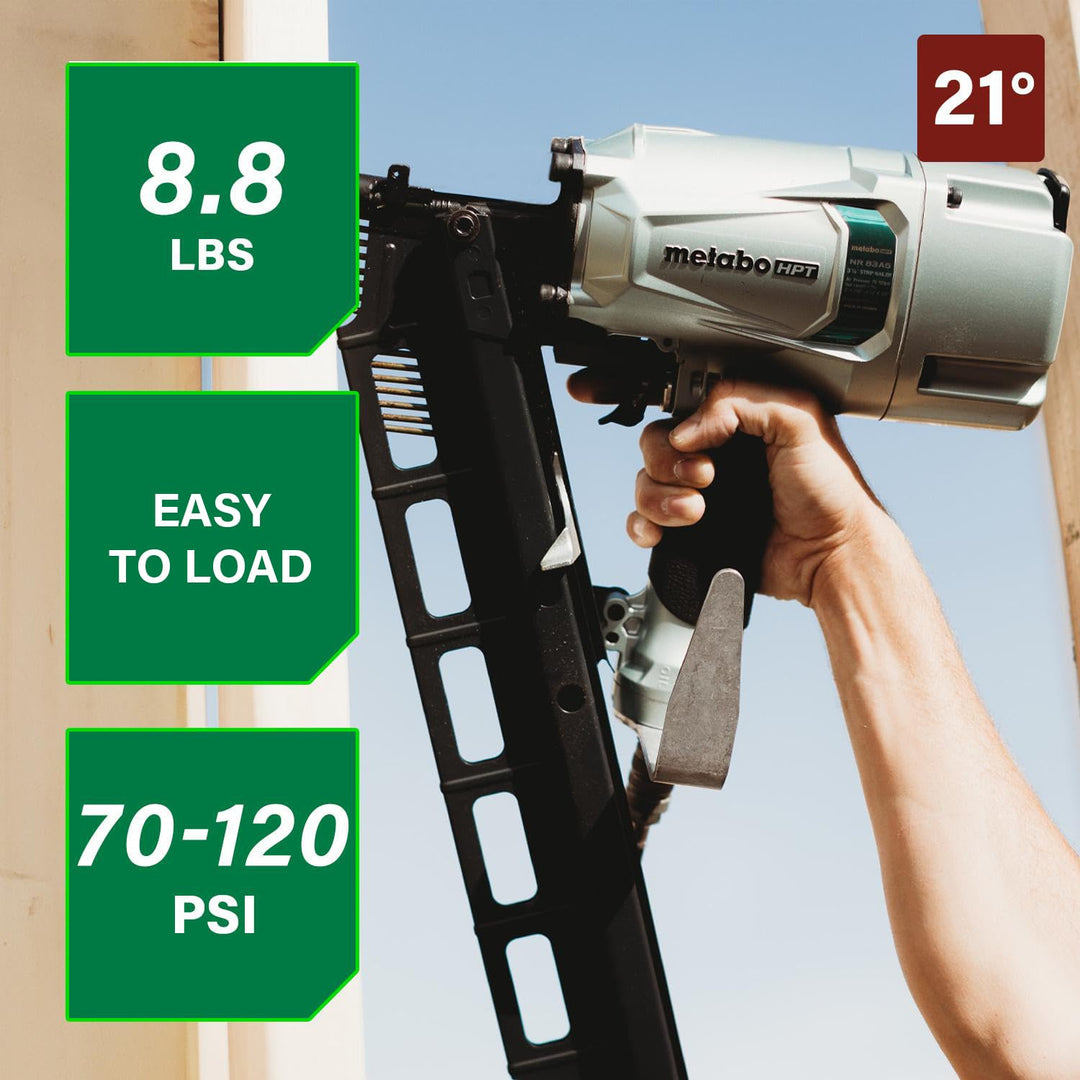Metabo HPT Framing Nailer, Pro-Preferred Pneumatic Power Nailer & Framing Tool For Flooring, Roof Decking & More, Rapid Response Cylinder Valve, 21Ã‚Â° 2" to 3-1/4" Plastic Collated Nails, NR83A5(S)