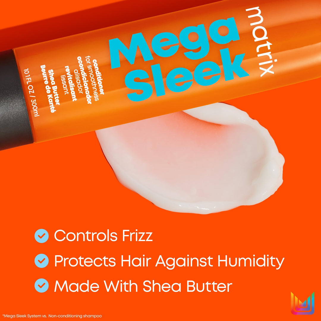 Matrix Mega Sleek Conditioner - Smoothing and Detangling, Moisturizes and Adds Shine, For Dry, Damaged & Frizzy Hair, Salon Professional Conditioner, With Shea Butter, Vegan, 10.1 Fl Oz