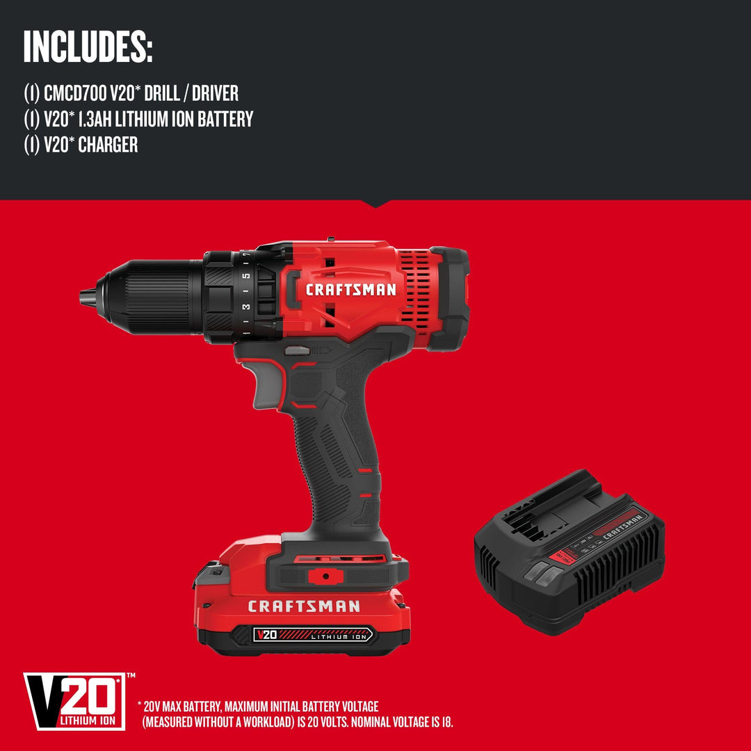 CRAFTSMAN V20 Cordless Drill/Driver Kit, 1/2 inch, Battery and Charger Included (CMCD700C1) Retail $99.00