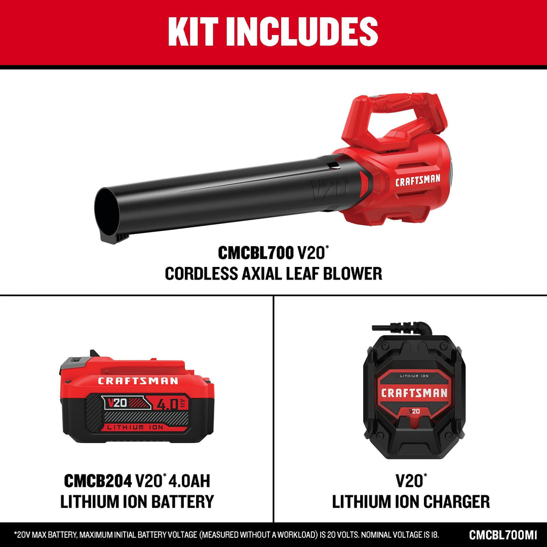 CRAFTSMAN V20 Cordless Axial Leaf Blower Kit, Includes 4.0 Ah Battery and Charger, 100 MPH and 380 CFM Clearing Power, Lightweight, 2 Speed Trigger (CMCBL700M1) Retail $119.00