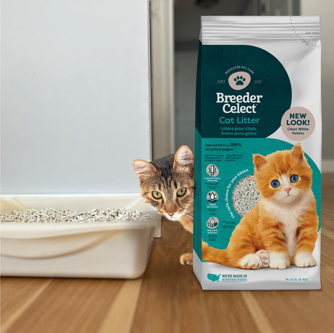 Breeder Celect® | 99% Recycled Paper Cat Litter Pellets | Highly Absorbent | Odor Control | Controls Odors Naturally | Natural and Nontoxic | Low Dust and Easy to Clean | 14 lb Bag Retail $27.49