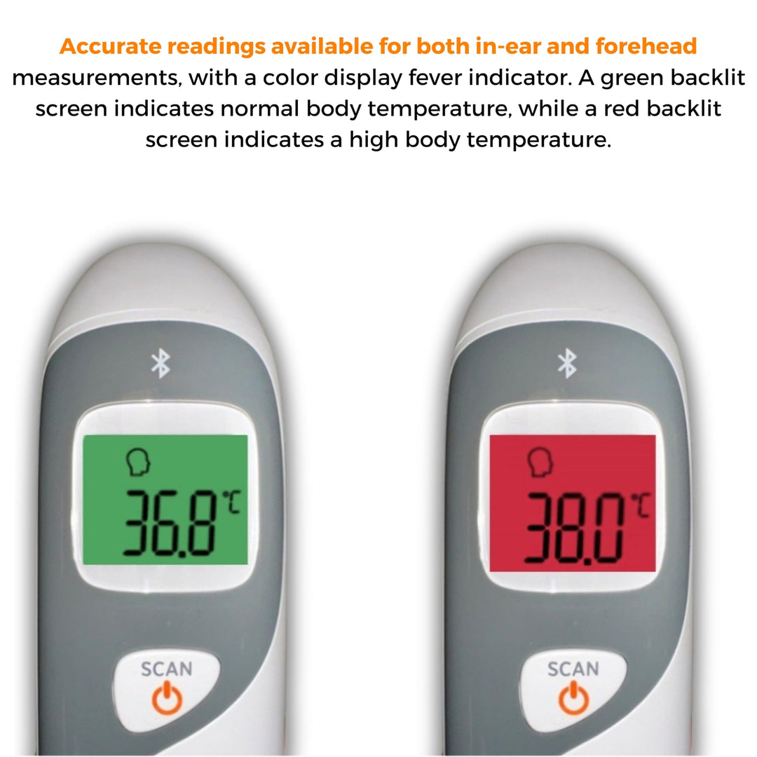 MOBI CONNECT Smart DualScan Bluetooth Ear & Forehead Thermometer - Backlit Screen, LED Fever Indicators, Memory Recall of Last 20 Readouts, Farenheit & Celsius Mode, Room Temperate with Date & Time Retail $24.00