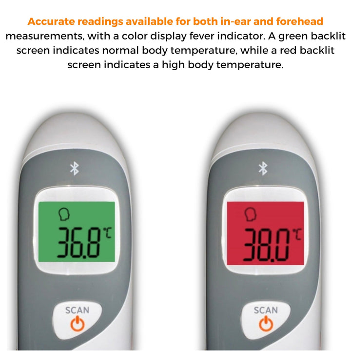 MOBI CONNECT Smart DualScan Bluetooth Ear & Forehead Thermometer - Backlit Screen, LED Fever Indicators, Memory Recall of Last 20 Readouts, Farenheit & Celsius Mode, Room Temperate with Date & Time Retail $24.00